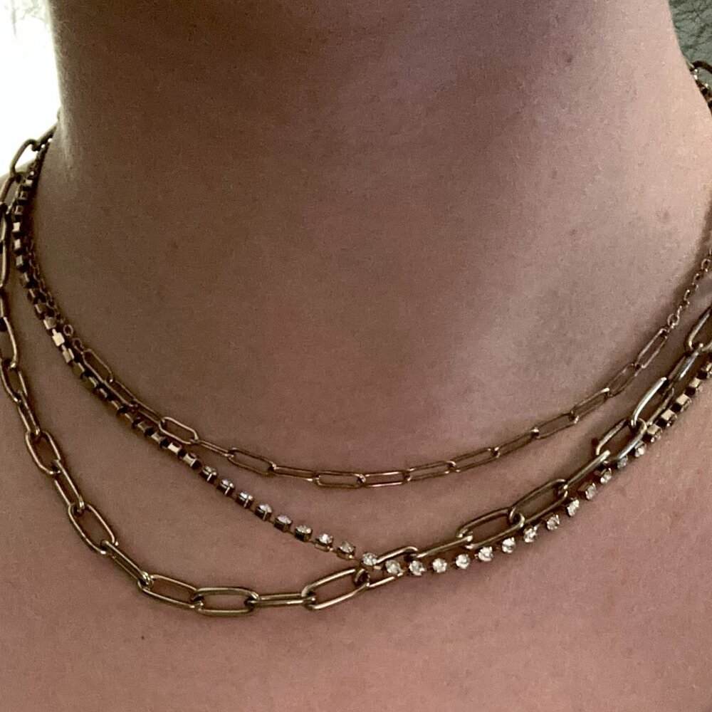 Layered Gold Chain Necklace with Rhinestone Strand – Modern, Statement Style - Picture 2 of 2